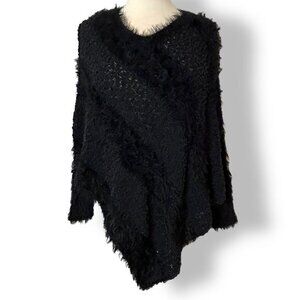 Nicole Sabbattini Black Knit Poncho w/ Arm Cuffs Soft Stretchy Tonal Diagonal L